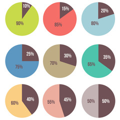 vector set of isolated  pie diagrams:10%, 15%, 20%, 25%, 30%, 35%, 40%, 45%, 50%