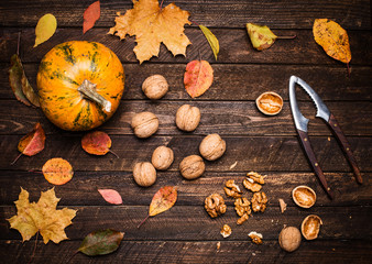 Autumn pumpkin, walnut kernels, whole walnuts and nutcracker 