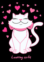 White cat with hearts on a black background