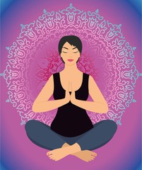 woman in a yoga pose on the background circular ornament