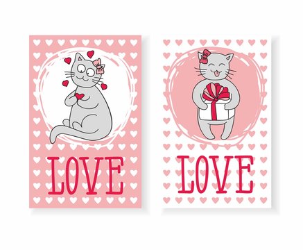 Cards with cute kitten and hearts