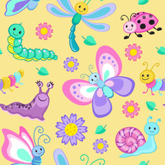 Cute seamless patterns with cartoon happy insects.