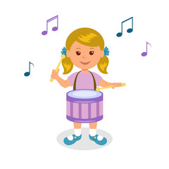 Girl playing drum. Isolated on white background cheerful baby playing drum