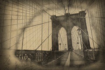Aged vintage view of a tower on Brooklyn Bridge - obrazy, fototapety, plakaty