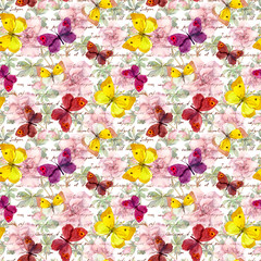 Flowers, butterflies and ink letter text. Water color. Seamless pattern