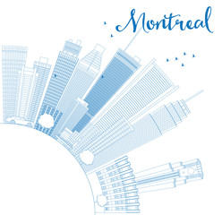 Outline Montreal skyline with blue buildings and copy space. Some elements have transparency mode different from normal.