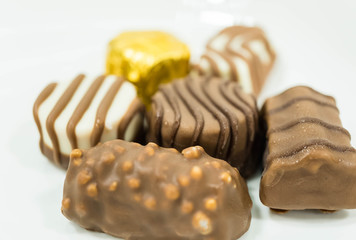 Assorted chocolate pralines, close up