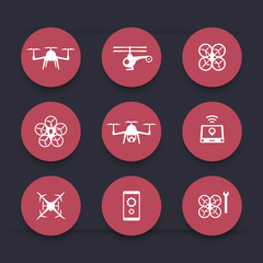 Drone, copter, quadrocopter round red icons, vector illustration