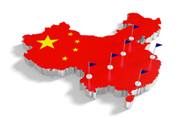 Naklejka premium China map with flags on the flagpoles showing the major cities.