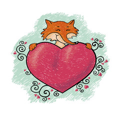 red fox keeping heart. valentines card