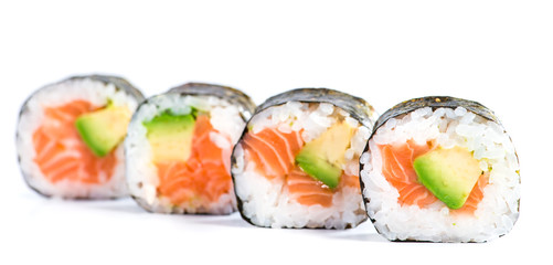close-up of traditional fresh japanese seafood sushi rolls on a
