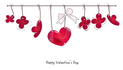 Valentine's Day card with hanging abstract red flowers and heart vector background
