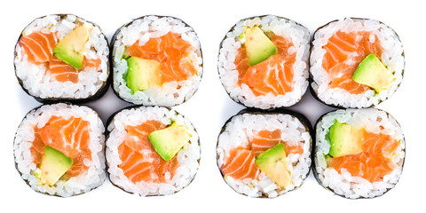 close-up of traditional fresh japanese seafood sushi rolls on a