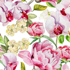 Pattern with delicate peony flowers and orchids on a white background.