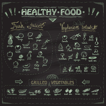 Healthy food chalkboard menu with hand drawn assorted fruits and vegetables.