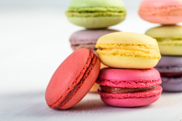 French Macaroons On White Boards Background
