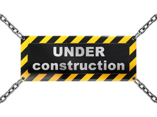 under construction sign on chain, isolated on white