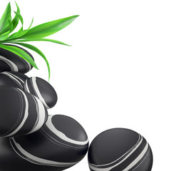 Spa concept with black zen stones and leaf bamboo on white background.