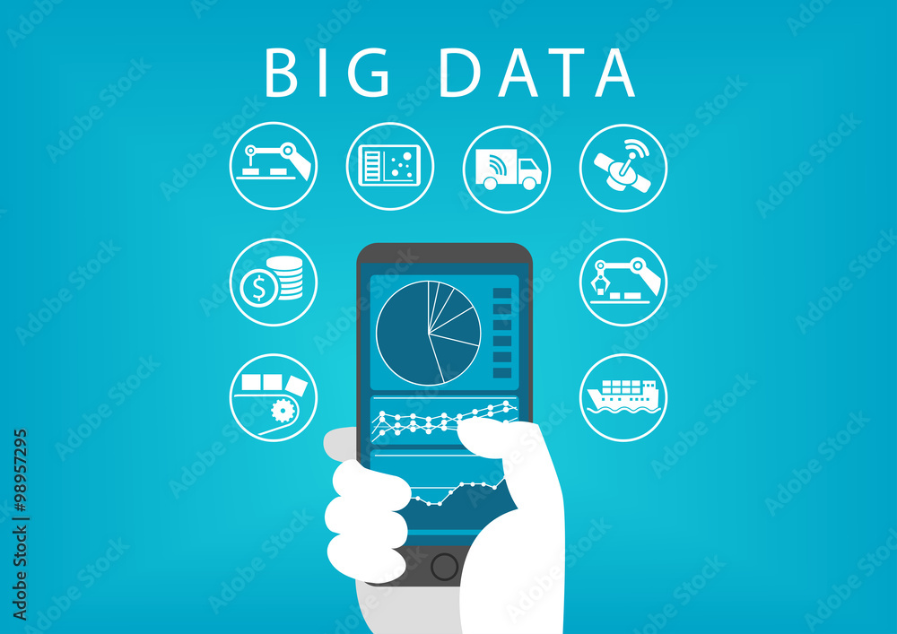 Poster Hand holding smart phone with mobile data analysis dashboard for big data. Concept of different businesses and industries.