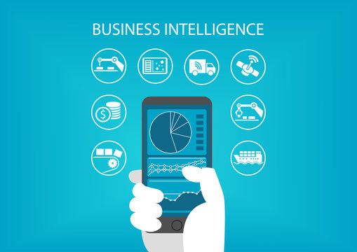 Business intelligence concept with hand holding modern smart phone including predictive analytics dashboard.