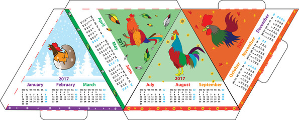 triangular layout A4 calendar for 2017 Rooster