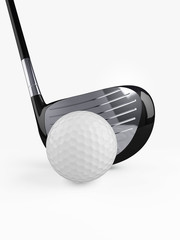 Golf club with golf ball on white background.