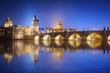 View on Charles Bridge in Prague at night