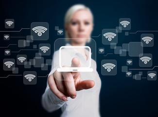 Social network Wifi businesswoman presses button media computer
