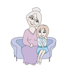 grandmother hugs her granddaughter - hand drawn illustration