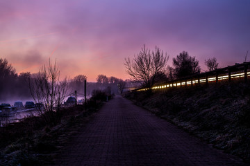 Nebel am Wintermorgen an der B9 in Nackenheim am Rheinufer