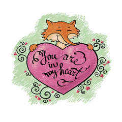 red fox keeping heart. valentines card with text lettering