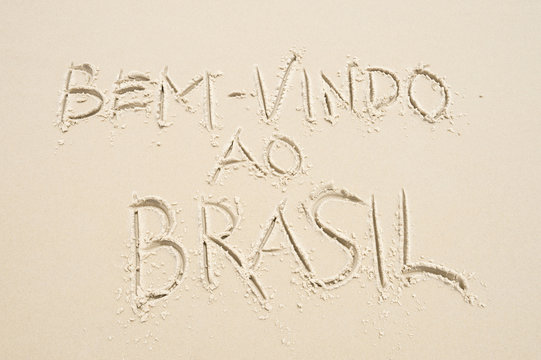 Brazil Bem-vindo ao Brasil (Welcome to Brazil) message in Portuguese handwriting in sand