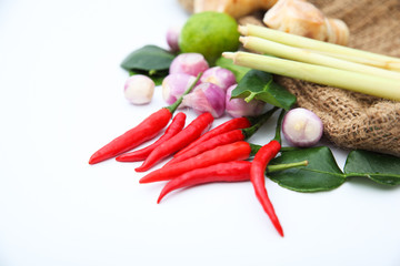  Tomyum Thai food seasoning ingredients on white background