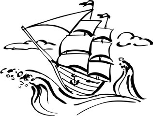 Ink drawing of a sailing ship, vector illustration, EPS 8, black outline, no white objects