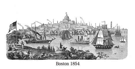 Beautiful vintage engraving of Boston harbor, used as heading by Gleason's Pictorial magazine - obrazy, fototapety, plakaty