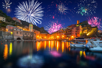Fototapeta na wymiar New Years firework display in Vernazza town, Italy