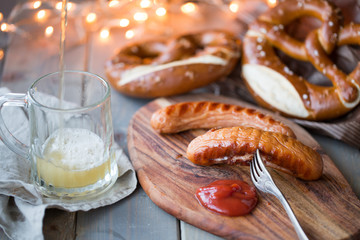 bavarian sausages with bretzel and beer