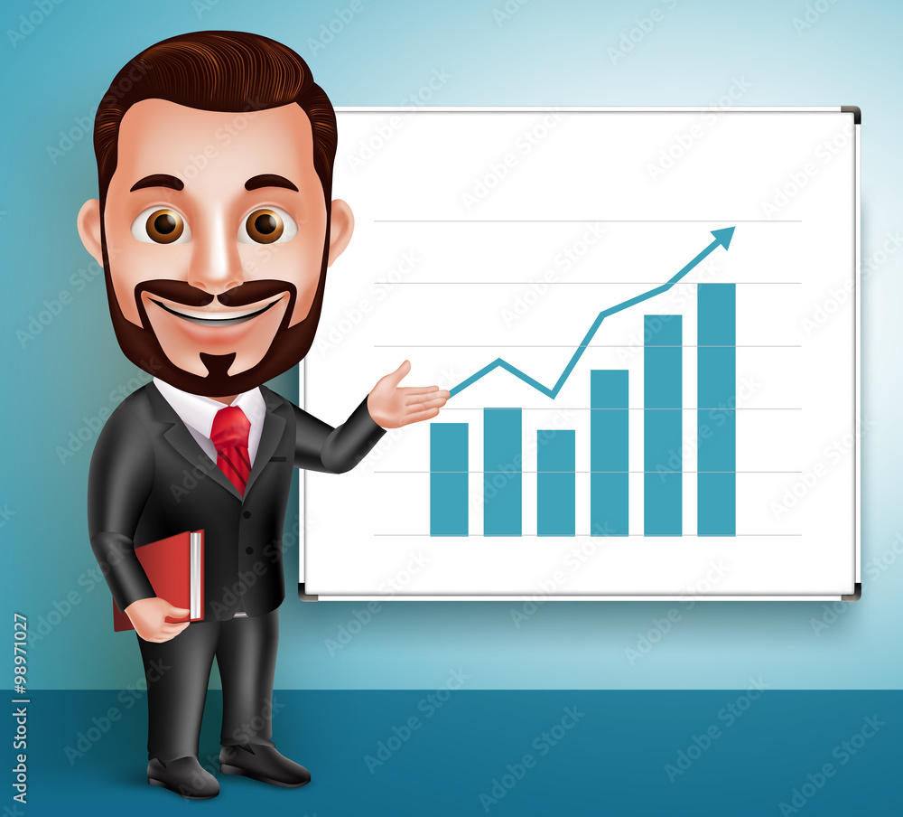 Poster 3d realistic professional business man vector character happy speaking and showing chart presentatio