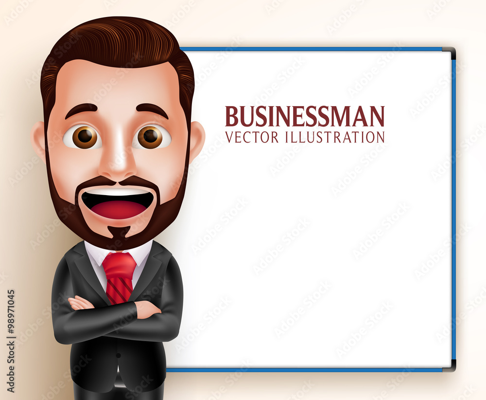 Poster 3d realistic professional business man vector character happy speaking for presentation with empty b