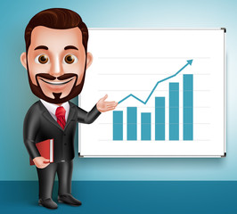 3D Realistic Professional Business Man Vector Character Happy Speaking and Showing Chart Presentation in White Board. Vector Illustration
