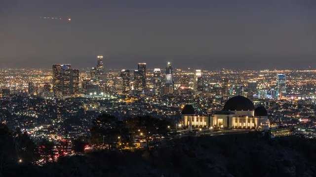 Downtown Los Angeles and Griffith Park dusk to night time lapse.