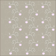 Seamless floral texture, hand drawing. Gray contours, curls, green leaves, pink flowers, brown background, cold tone, vector