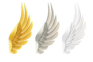 Golden, silver and white wings, isolated on white background.