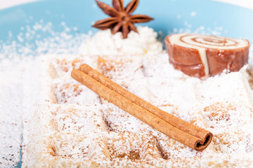 Traditional belgium soft fresh waffles with a decor on a plate