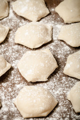 Pelmeni - Russian ravioli. Cooking process. Selective focus. Ton