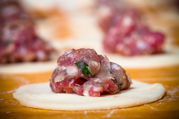 Pelmeni - Russian ravioli. Cooking process. Selective focus. Ton