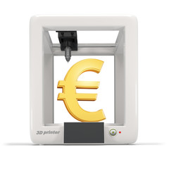 3d printer with golden euro sign isolated on a white background
