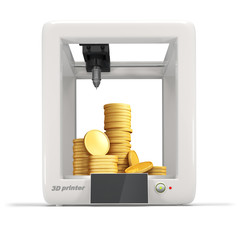 3d printer with stack of golden coins isolated on a white background
