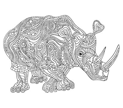 Hand drawn vector illustration with geometric and floral elements. Original hand drawn Rhinoceros.