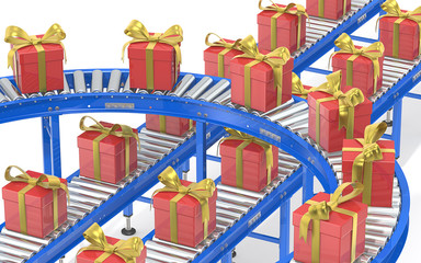 Christmas Gift box production. Industrial Roller Conveyor System. Steel conveyors in various directions with Gift Boxes. Red with gold ribbons. 